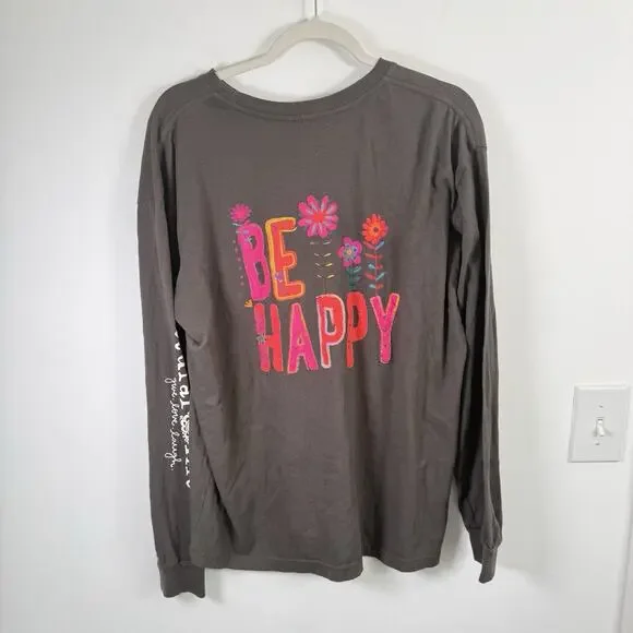 Natural Life Grey 'Be Happy' Long Sleeve T-Shirt Boho 100% Cotton Womens Large - Picture 5 of 7